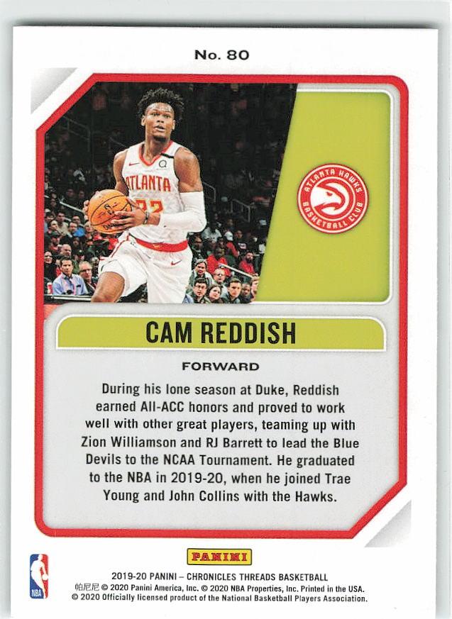 no.80 Cam Reddish 2019-20 Panini Chronicles THREADS Rookie Card 